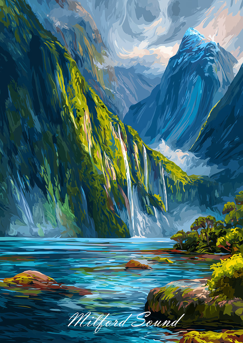 Artistic depiction of Milford Sound showcasing cliffs, waterfalls, and serene waters.